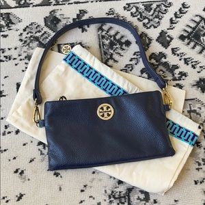 Tory Burch Navy Leather Wristlet with Gold Accents